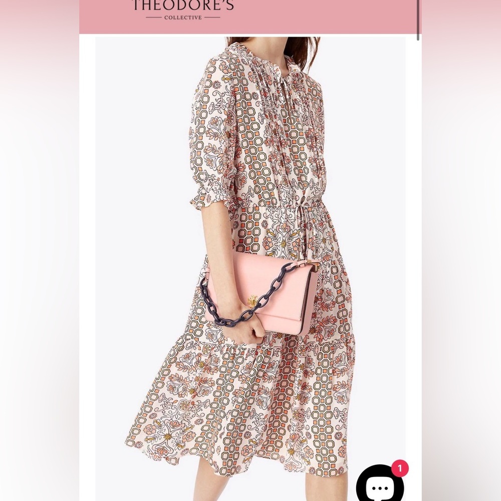 Tory Burch Silk Dress Geometric Floral Long Sleeve Dress
